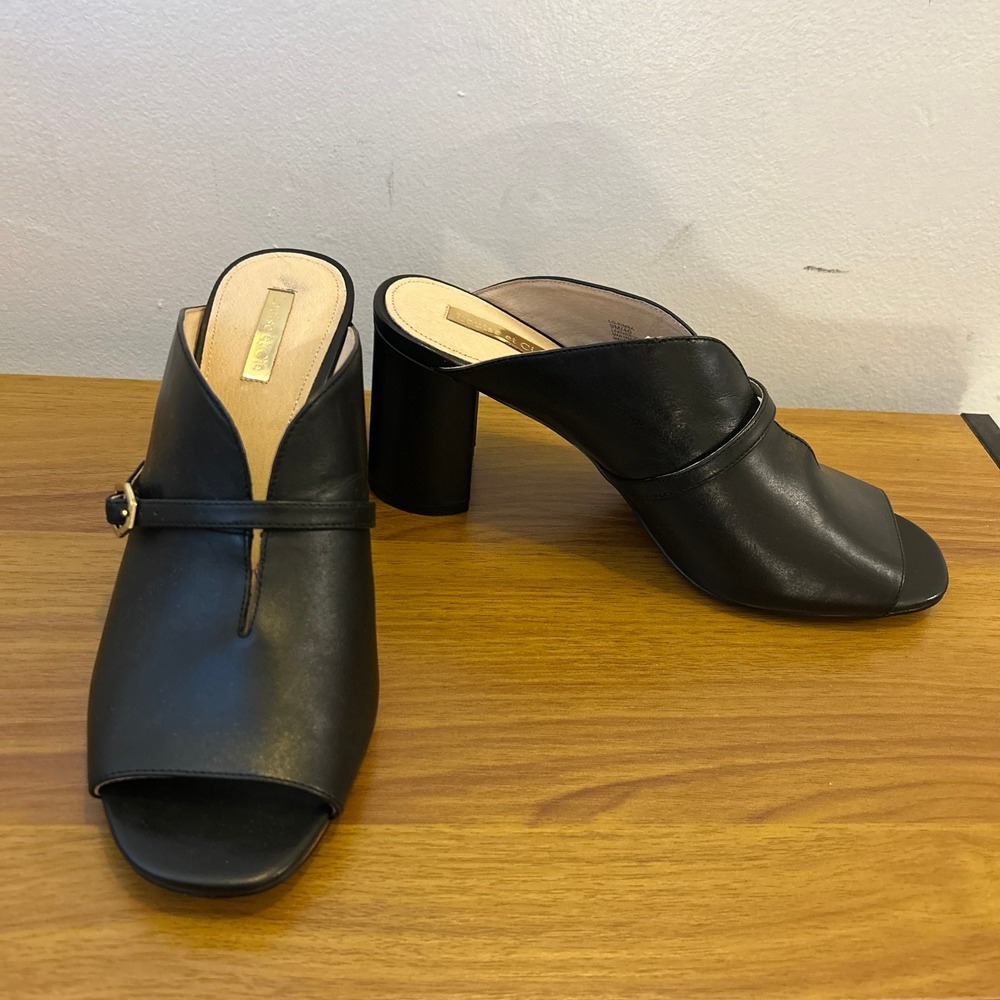 Louise et Cie Kimba Black Leather Block Heel Mules Gold Buckle Open Toe 9M - Picture 11 of 11